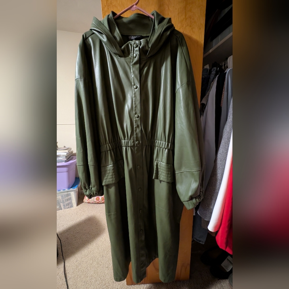 Eloquii Olive Green Faux Leather Hooded Trench Coat